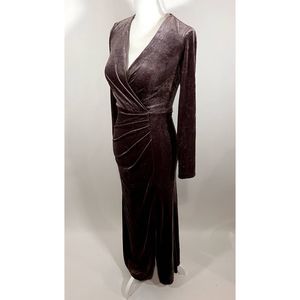 Purple Velvet Long Sleeve Ruched Slit Long Length Dress Gown